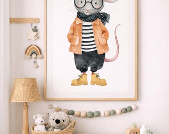 Stampa con illustrazione ad acquerello di un topo hipster / Arte murale stravagante per la cameretta dei bambini (poster arrotolato)
