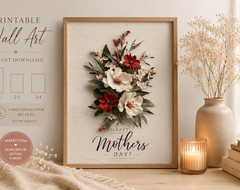 Feliz Día de la Madre Lámina Imprimible para Pared, Estampado Floral para el Día de la Madre, Regalo de Descarga Instantánea para Mamá, Decoración Boho Neutra