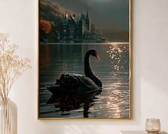 Lámina decorativa de Cisne Negro, póster de estética oscura, decoración gótica para lagos, lámina escandinava de ambiente melancólico, obra de arte de lujo para la oficina.