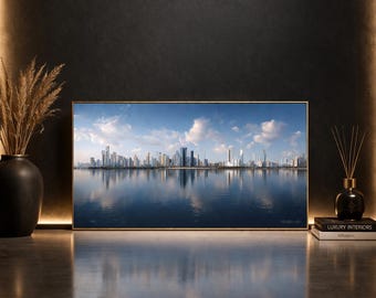 Panoramic Cityscape Printable Wall Art, Modern Skyline Digital Download, Large Horizontal Poster, Luxury Living Room Decor