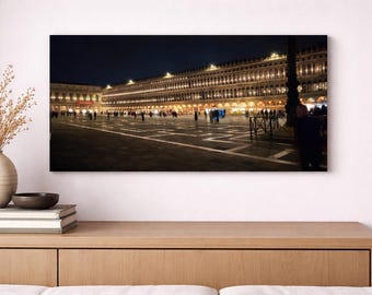 Venice Wall Art Canvas | Piazza San Marco Night Print | Italy Photography | Panoramic Black Wall Decor | Large Living Room Art