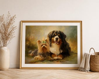 バーニーズマウンテンドッグとヨークシャーテリアのプリント可能なウォールアート、ヴィンテージ犬の肖像画、ペット愛好家の装飾、ファームハウスアニマルプリントのダウンロード