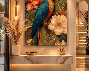 Luxury Parrot Canvas Wall Art | Tropical Botanical Canvas |  Exotic Bird Decor |  Large Statement Wall Art