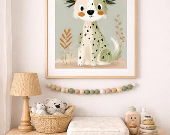 Poster con illustrazione di un cucciolo a pois / Decorazione murale fantasiosa per la cameretta dei bambini