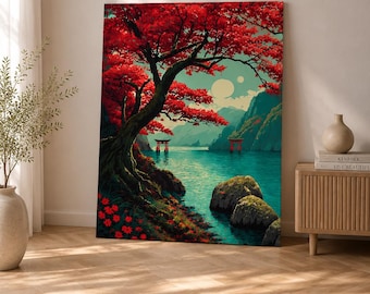 日本の風景キャンバスプリント、赤い木の壁飾り、ジャパンディアート、禅の湖の絵画、縦型リビングルーム装飾