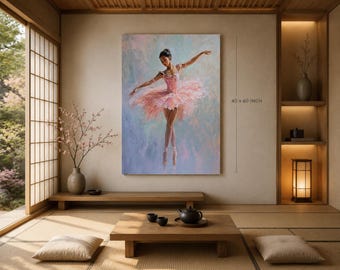 Quadro su tela con ballerina rosa, grande dipinto di danzatrice, decorazione in stile giapponese per balletto, stampa su tela rosa pastello, 40x60 cm.