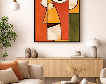 Mid Century Modern Abstract Face Printable Wall Art, Geometric Portrait Print, Orange Minimalist Poster,  Digital Download and Printable