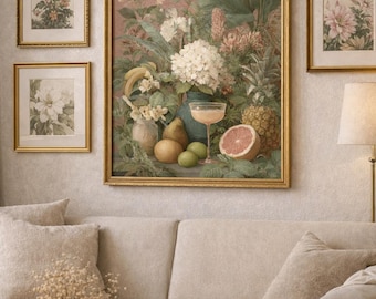 Poster botanico tropicale vintage, natura morta floreale con ananas e pompelmo, arte murale