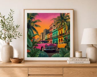 Lámina decorativa colorida de La Habana para imprimir, póster de coche vintage tropical, arte callejero cubano, decoración de viaje retro, lámina con palmeras al atardecer.