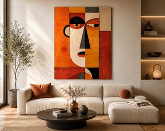 Winking Abstract Face Canvas Wall Art | Orange Cubist Portrait | Mid Century Modern Statement Decor