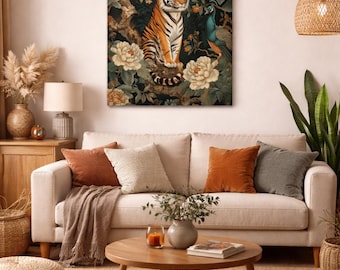 Tiger Wall Art Canvas | Peacock Floral Wall Decor |  Vintage Botanical Animal Picture | Maximalist Living