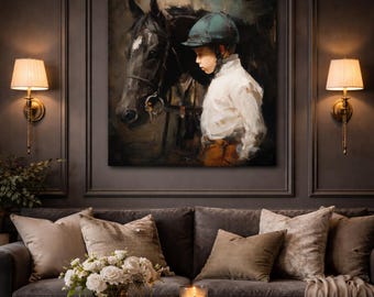 Giovane fantino con cavallo su tela / Arte murale su tela opaca
