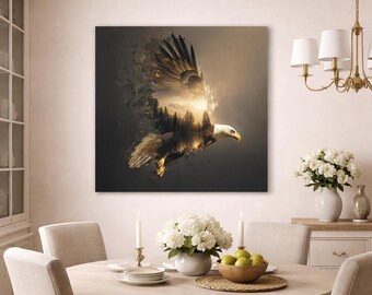 Quadro su tela con aquila / Paesaggio naturalistico cinematografico, Decorazione con foresta nebbiosa