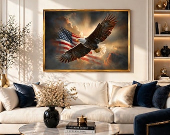 Arte mural de águila patriótica, impresión de la bandera estadounidense, decoración de EE. UU., obra de arte de águila calva, decoración del 4 de julio, póster del Día de la Independencia, arte imprimible