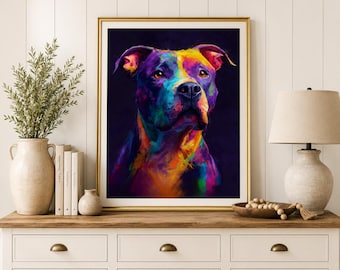 カラフルなピットブルのウォールアートプリント、モダンな犬の絵、鮮やかなペットの装飾、ファームハウス風プリントアートダウンロード