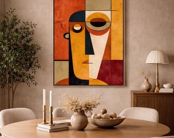 Mid Century Modern Abstract Face Printable Wall Art, Geometric Portrait Print, Orange Minimalist Room Decor, Scandinavian Digital Download