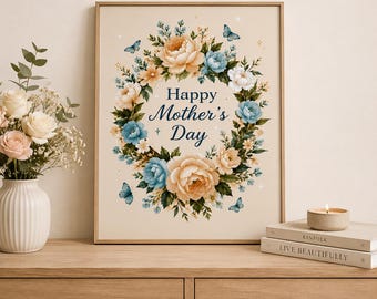 Lámina decorativa para el Día de la Madre, regalo floral para mamá, flores en tonos neutros azul y beige, póster botánico vintage descargable.