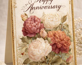 Tarjeta de aniversario floral vintage para imprimir, arte mural botánico de peonías, impresión elegante, regalo romántico de aniversario de bodas, descarga instantánea.
