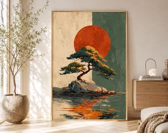 Japanese Bonsai Wall Art, Zen Sun Landscape Print, Japandi Artwork, Wabi Sabi Decor, Meditation Room Art, Sage Green Orange