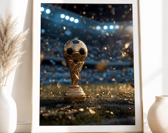 ゴールデンフットボールトロフィーウォールアートプリント、サッカースタジアムポスター、スポーツルーム装飾、フットボールファンギフト、ゲームルームプリントダウンロード