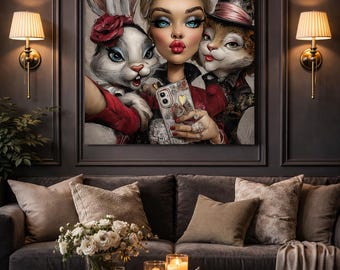 Selfie della regina con coniglietto e gatto su tela / Arte murale / Opera d'arte fiabesca