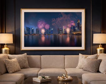 Lámina decorativa imprimible del horizonte de Singapur, póster de la noche de fuegos artificiales de Marina Bay, decoración de viaje de lujo, impresión de paisaje urbano moderno.