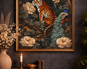 Vintage Tiger & Peacock Printable Wall Art, Dark Floral Maximalist Decor, Moody Animal Print, Digital Download