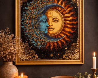 Celestial Sun and Moon Faces Wall Art, Mystical Boho Printable, Astrology Digital Download, Dark Academia Decor