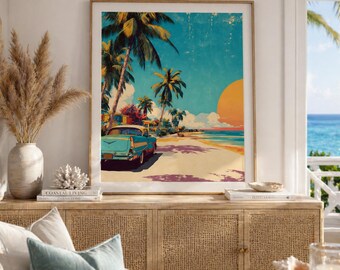 Lámina decorativa retro de playa tropical para imprimir, póster costero de coche vintage, puesta de sol con palmeras, decoración veraniega del océano, descarga digital para casa de playa.