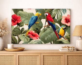Tropical Parrot Canvas | Macaw Wall Art | Colorful Bird Canvas |  Jungle Wall Decor | Botanical Wall Art | Living Room | Boho Decor Gift