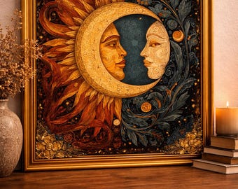 Celestial Sun and Moon Wall Art, Boho Mystical Decor, Astrology Printable, Dark Academia Digital Download