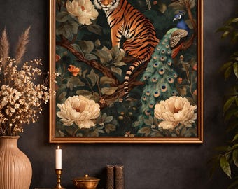 Tiger and Peacock Floral Illustration Canvas Stretched | Botanical Animal Wall Art