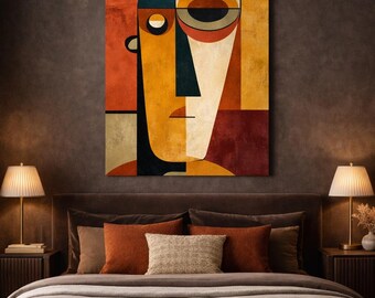 Mid Century Modern Canvas Wall Art | Abstract Face |  Geometric Portrait Decor | Orange Minimalist Bedroom Artwork