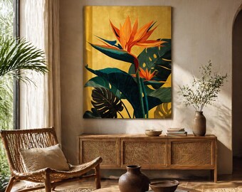 Cuadro decorativo de ave del paraíso / Estampado botánico tropical / Decoración de pared con flor de azahar / Arte moderno de la jungla / Lienzo decorativo de gran tamaño