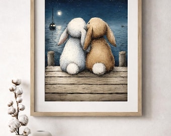 Lindo conejito imprimible para aniversario, arte romántico para parejas, regalo de amor para él o ella, decoración de aniversario de bodas (descargable)