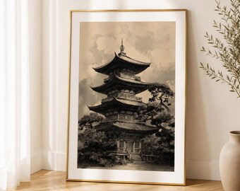 Japansk pagod väggkonst utskrivbar, zentempel digital nedladdning, wabi sabi japandi dekor, asiatisk arkitekturtryck, minimalistisk konst