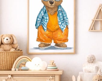Poster di un orso hipster / Decorazione murale per la cameretta / Poster di animali per la stanza dei bambini
