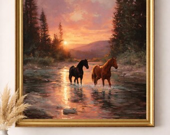 Sunset Horses Rolled Poster | Mountain River Equestrian Wall Art