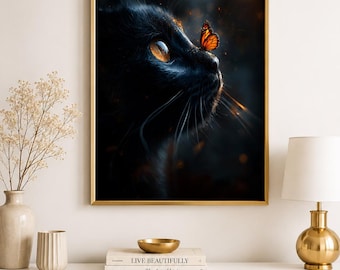 Lámina decorativa imprimible de gato negro y mariposa, decoración gótica de gato, póster estilo academia oscura, arte celestial y místico para dormitorio.