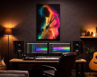 Quadro su tela con chitarrista dai colori vivaci, decorazione murale in stile neon rock per il soggiorno.
