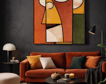 Mid Century Modern Abstract Face Canvas Wall Art, Orange Geometric Portrait, Minimalist Scandinavian Living Room Decor, Canvas Print