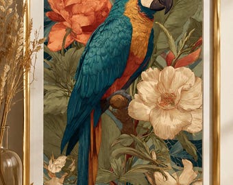 Parrot Wall Art Printable, Tropical Bird Print, Botanical Wall Decor, Vintage Jungle Art, Elegant Home Decor, Digital Download