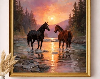 Sunset Horses Rolled Poster | Horse Art Print, River Landscape
