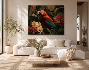 Scarlet Macaw Wall Art, Tropical Botanical Bird Print, Exotic Jungle Decor, Parrot Canvas Art