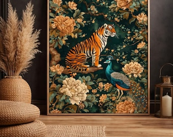 Vintage Tiger and Peacock Art Canvas | Botanical Floral Wall Decor |  Maximalist Jungle Style | Dark Green Statement Piece
