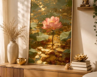 Abundance Lotus Wall Art Printable, Wealth Manifestation Decor, Luxury Spiritual Pink Lotus Digital Download