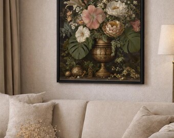 Poster arrotolato con natura morta floreale vintage / Arte murale con vaso botanico