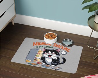 Midnight Snacking Cat Pet Food Mat | Tuxedo Kitten Fridge Illustration 12x18