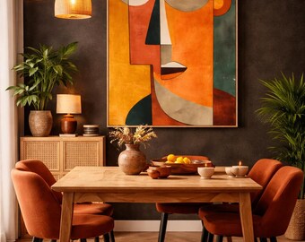Mid Century Modern Wall Art, Abstract Cubist Face, Geometric Portrait Canvas