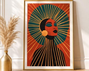 Art Deco Goddess Wall Art Print, Afrocentric Portrait Decor, Mid Century Modern Artwork, Luxury Feminine Poster, Printable Art